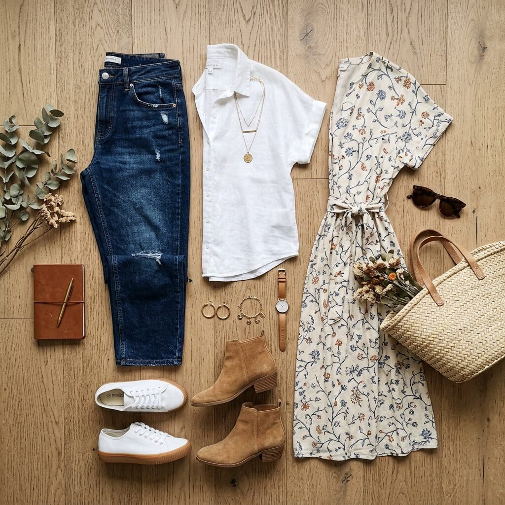 Flat lay outfit of jeans, a blouse, a dress plus shoes and jewelry to prepare for your senior session.
