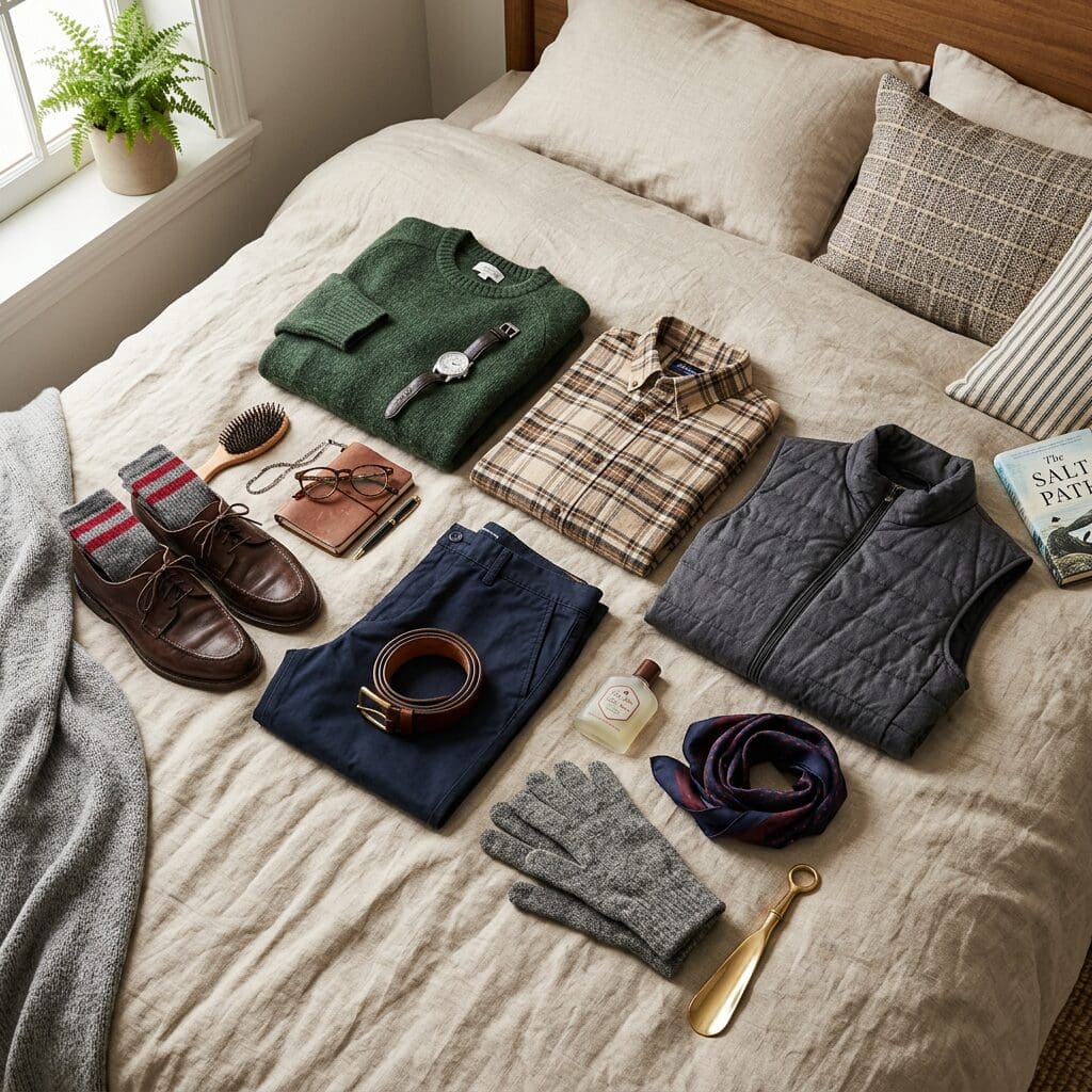 Flat lay senior outfits on bed with accessories to prepare for your senior session